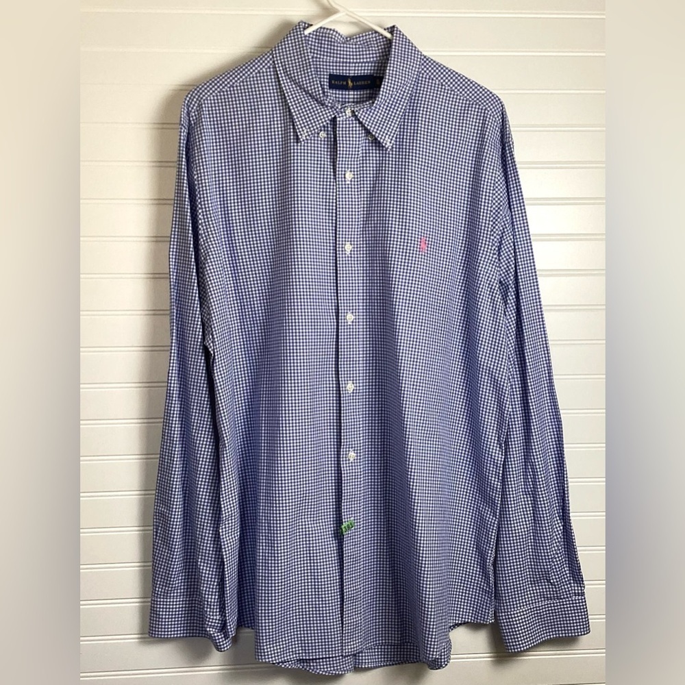 RALPH LAUREN Men's XL Gingham Blue 100% Cotton Long Sleeve Shirt Polo Check